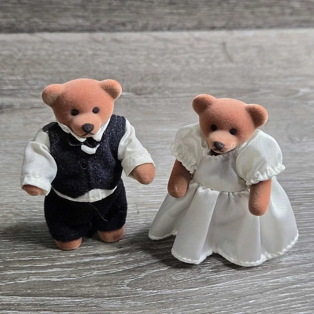 Vintage Flocked Bride & Groom Wedding Bears Teddy Bear Story Wedding